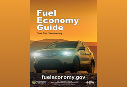 Fuel Economy Guide; image of a white SUV on an orange background that contains mountains and sky