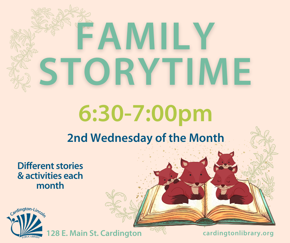 Family storty time, 6:30-7 PM second Wednesday of each month